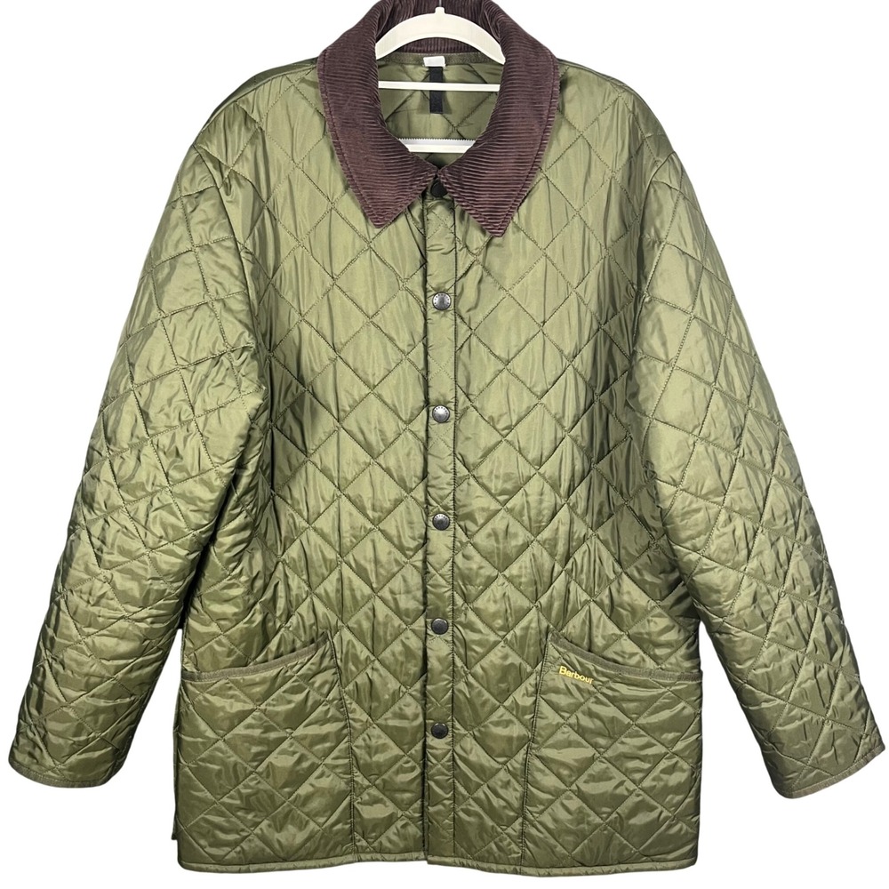 Barbour Quilted Jacket Mens Large Green Corduroy Collar Diamond Quilt Snap Front